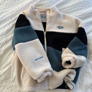 Aelfric Eden Cream & Teal Sherpa Zip-Up Jacket